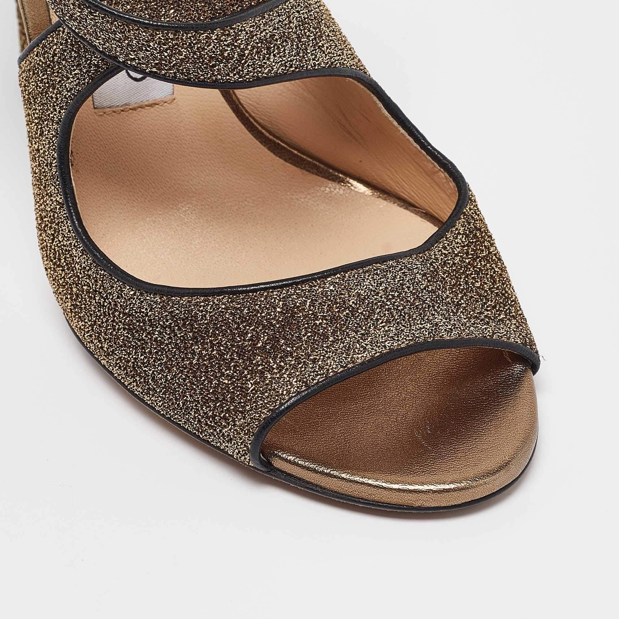 Jimmy Choo - Sandales Emily à lanières en cuir doré et tissu lurex, taille 35 en vente 2