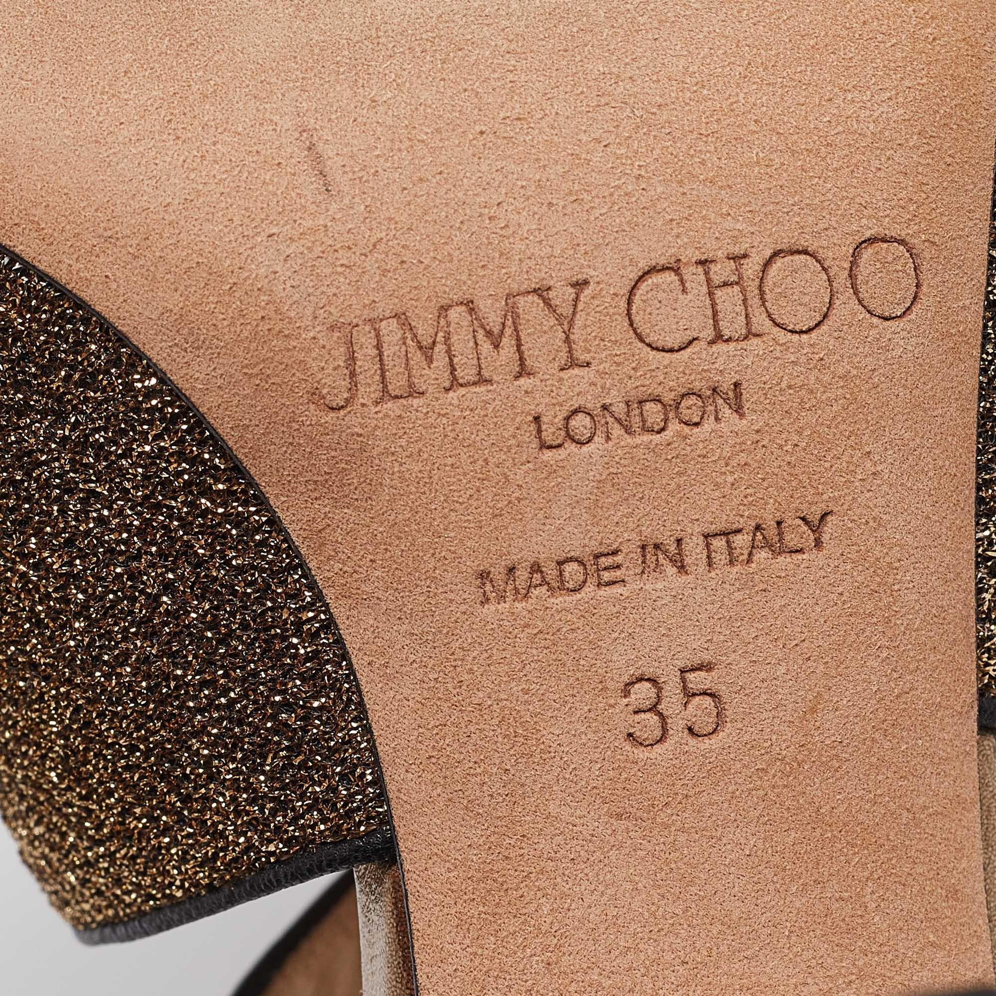 Jimmy Choo - Sandales Emily à lanières en cuir doré et tissu lurex, taille 35 en vente 3