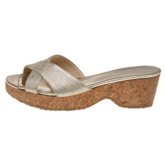 Jimmy Choo Gold Leather Cork Wedge Platform Sandals Size 36