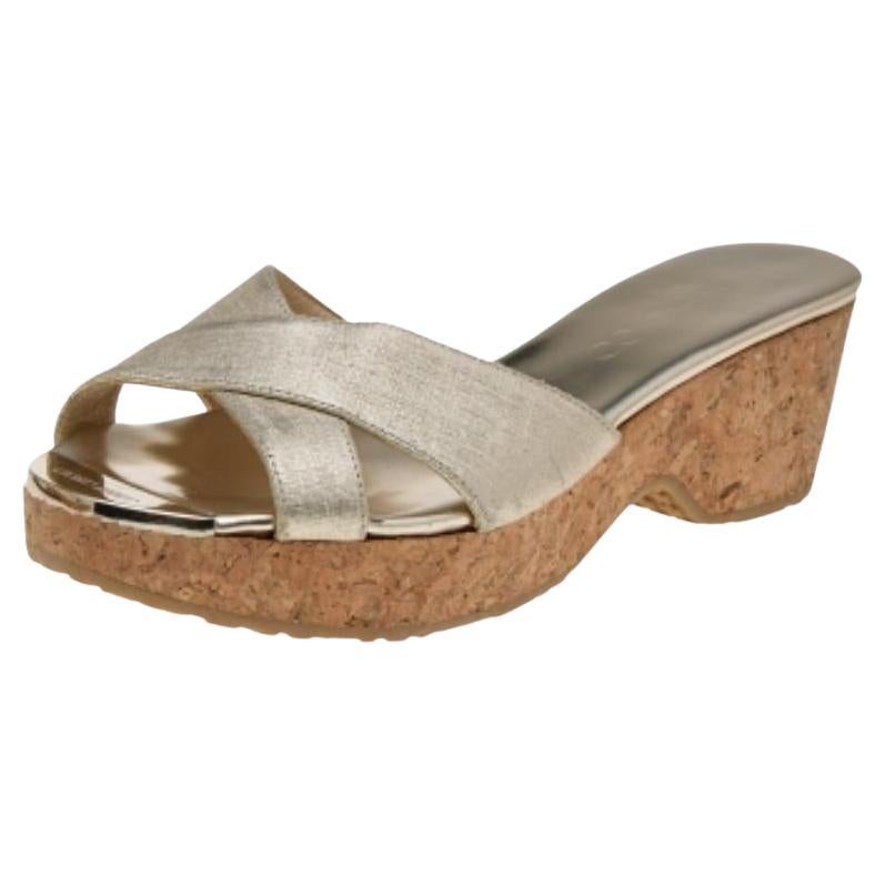 Jimmy Choo Gold Leather Cork Wedge Platform Sandals Size 36