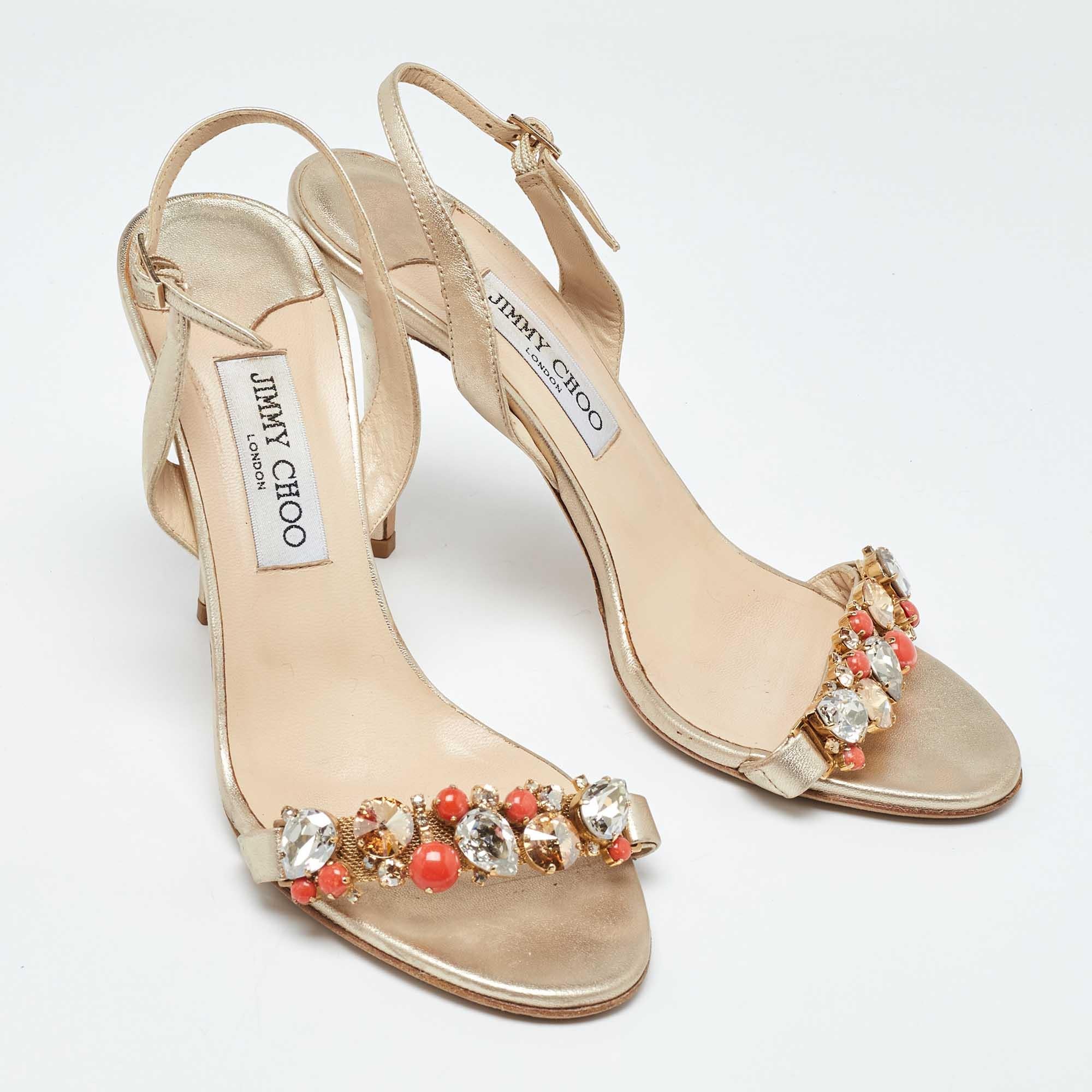 Women's Jimmy Choo Gold Leather Crystal Embellished Ankle Strap Sandals Size 39.5