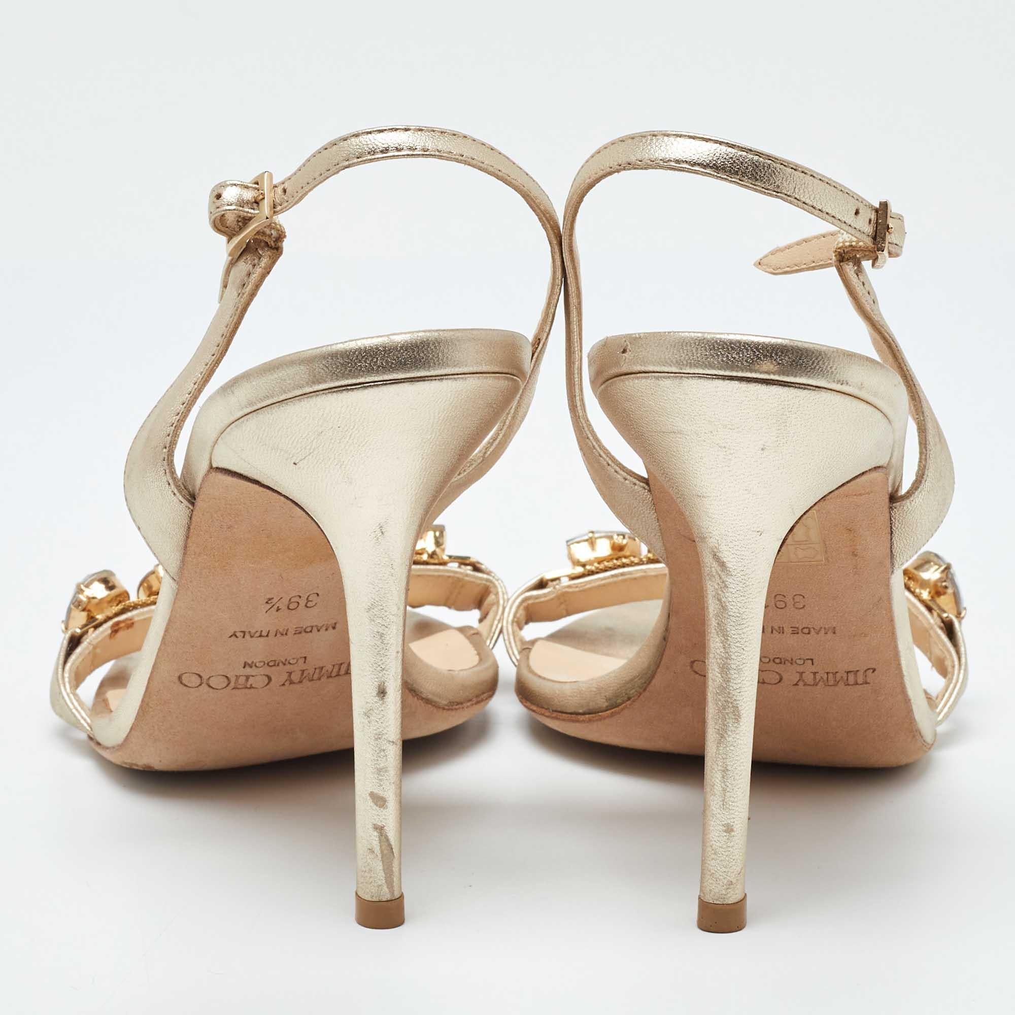 Jimmy Choo Gold Leather Crystal Embellished Ankle Strap Sandals Size 39.5 1