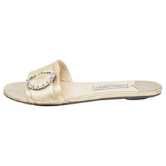 Jimmy Choo Gold Leather Crystal Embellished Buckle Flat Slides Size 40