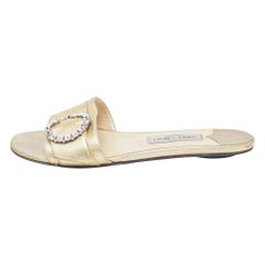 Jimmy Choo Gold Leather Crystal Embellished Buckle Flat Slides Size 40