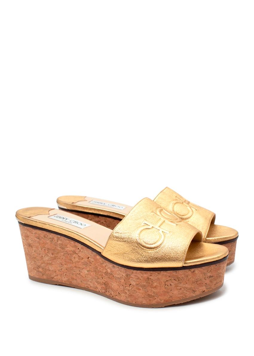 Jimmy Choo Gold Leder Deedee 80 Kork Keilabsatz Sandalen im Angebot 5
