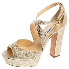 Jimmy Choo Gold Leather Emily Criss Cross Ankle Strap Sandals Size 38.5