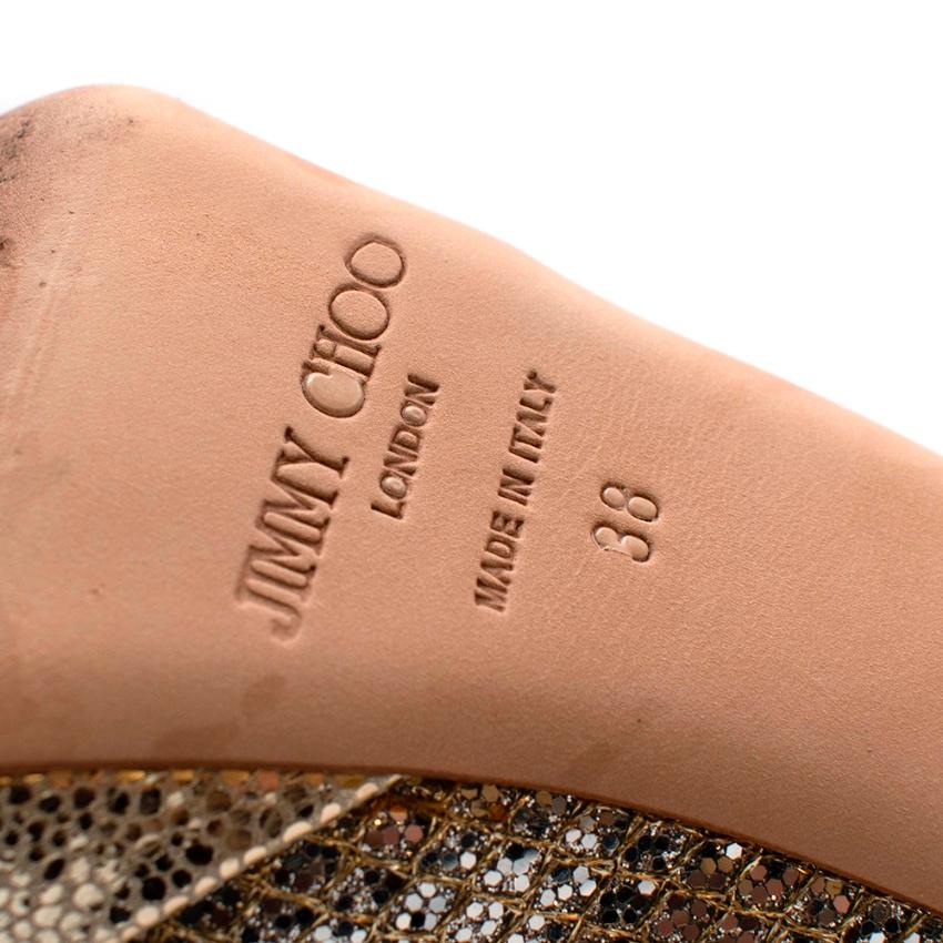Jimmy Choo Gold Leather & Glitter Peep Toe Platform Pumps - Size EU 38 In Excellent Condition In London, GB