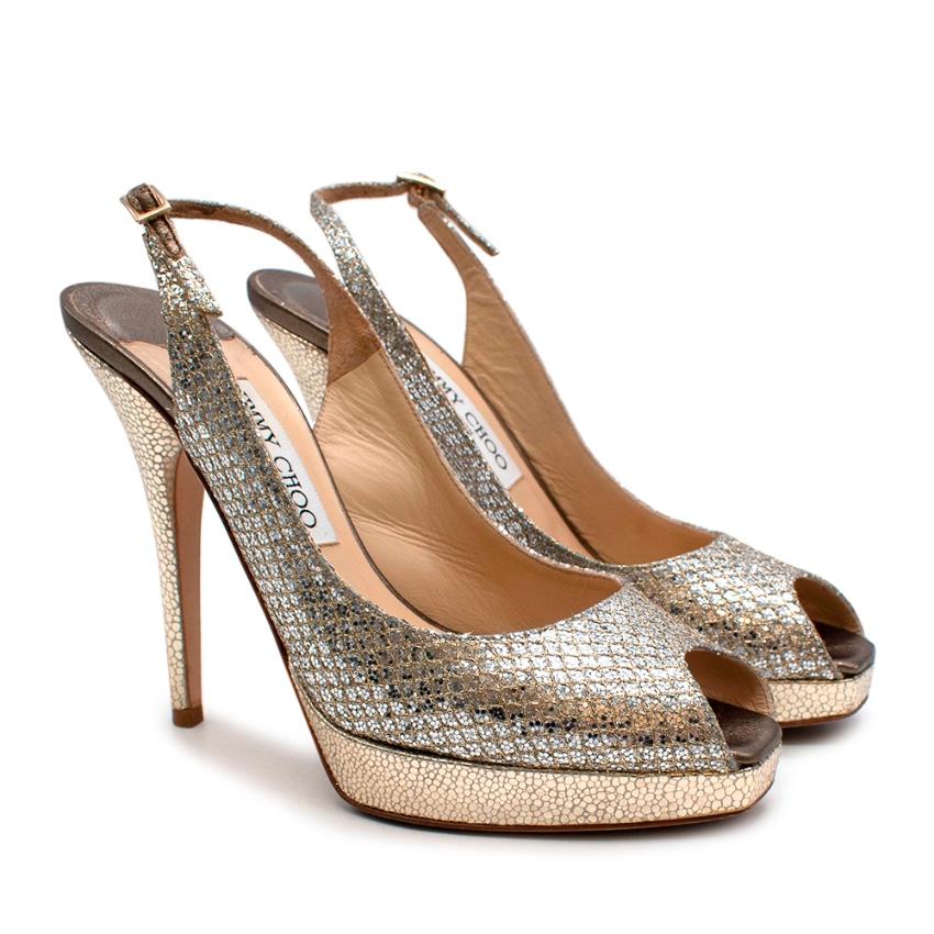 Jimmy Choo Gold Leather & Glitter Peep Toe Platform Pumps - Size EU 38 1