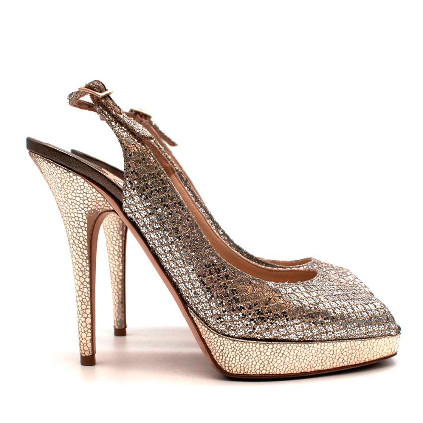 Jimmy Choo Gold Leather & Glitter Peep Toe Platform Pumps - Size EU 38 2