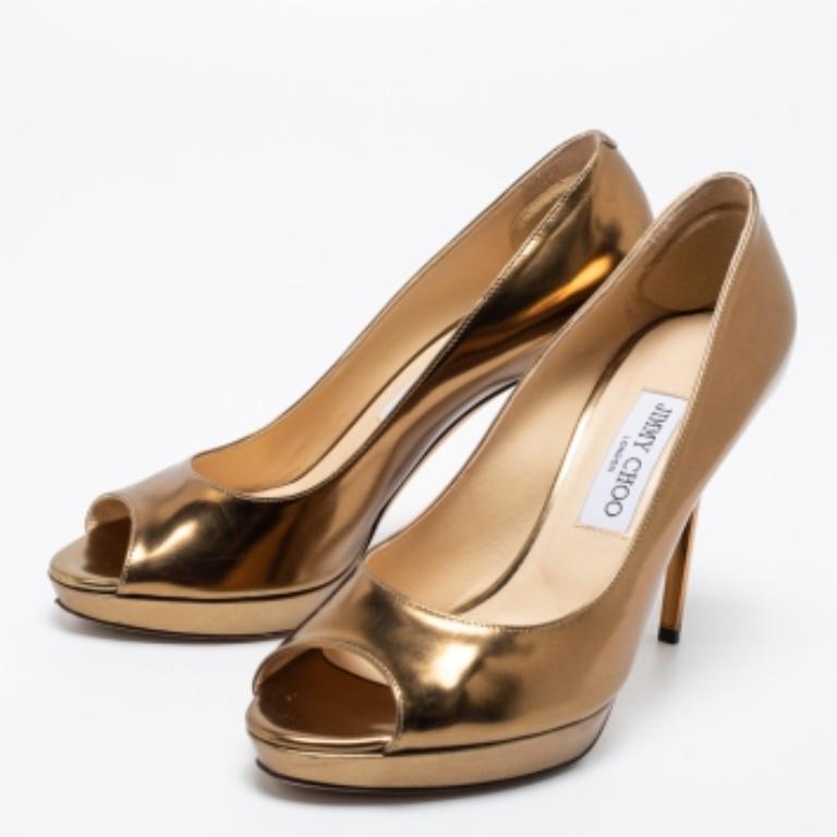 Jimmy Choo Gold Leather Luna Peep Toe Pumps Size 39 For Sale 5