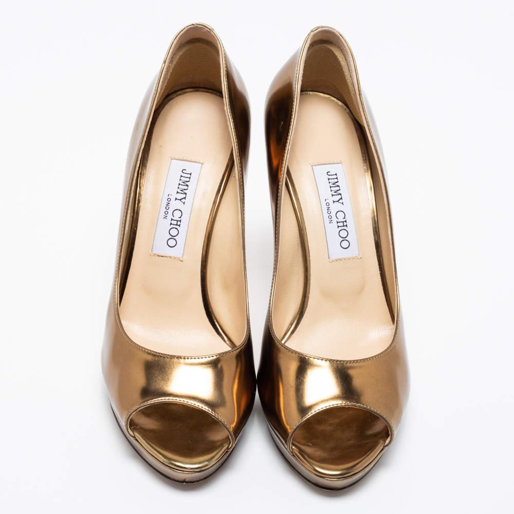 Brown Jimmy Choo Gold Leather Luna Peep Toe Pumps Size 39