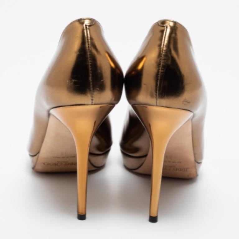 Jimmy Choo Gold Leather Luna Peep Toe Pumps Size 39 For Sale 1