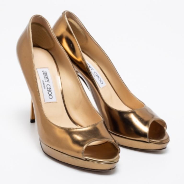 Jimmy Choo Gold Leather Luna Peep Toe Pumps Size 39 For Sale 3
