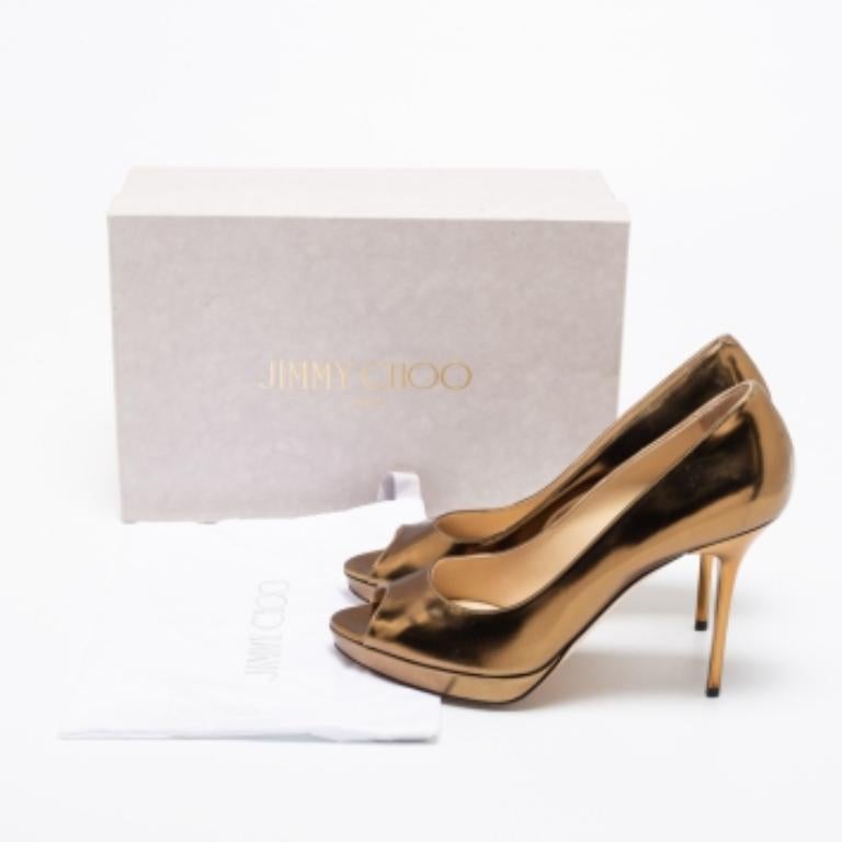 Jimmy Choo Gold Leather Luna Peep Toe Pumps Size 39 For Sale 4