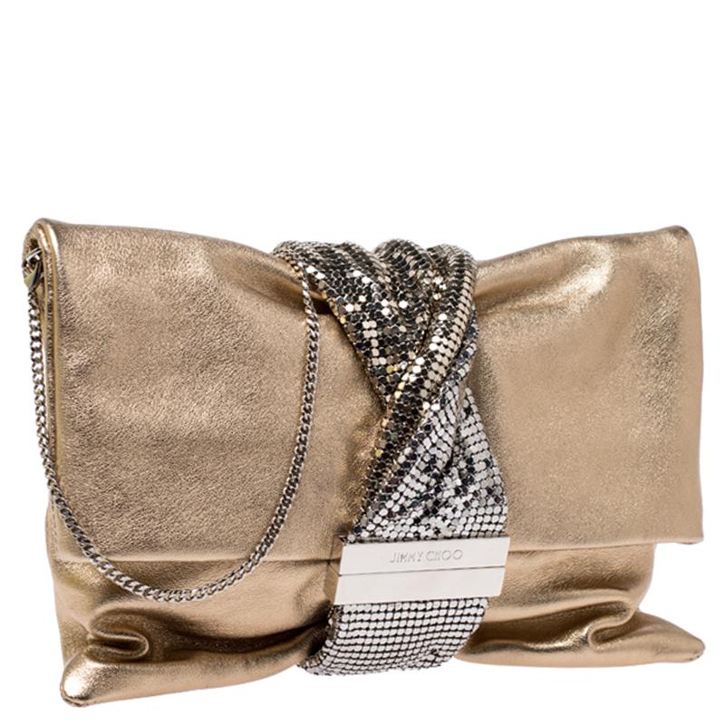 Jimmy Choo Gold Leather Metal Mesh Chandra Clutch In Excellent Condition In Dubai, Al Qouz 2