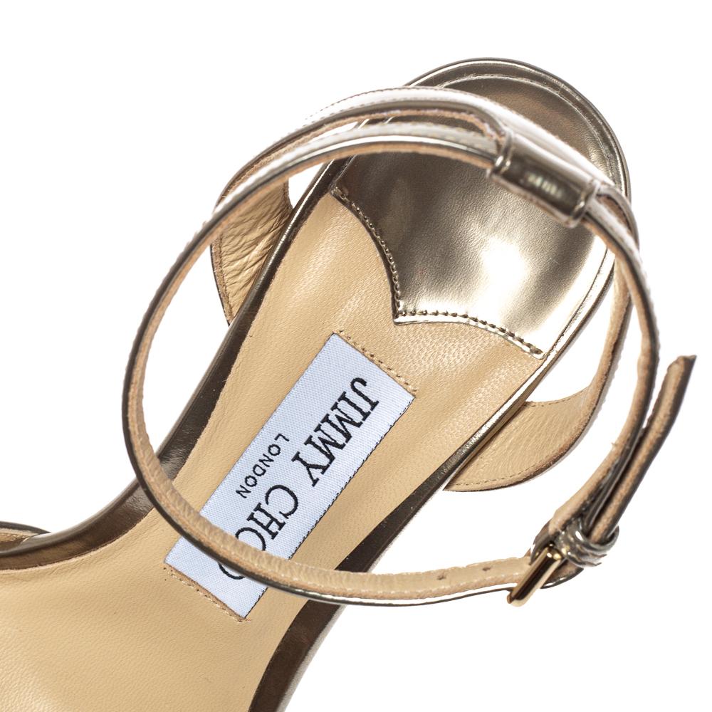 Jimmy Choo Gold Leather Miranda Peep Toe Ankle Strap Sandals Size 37 In New Condition In Dubai, Al Qouz 2