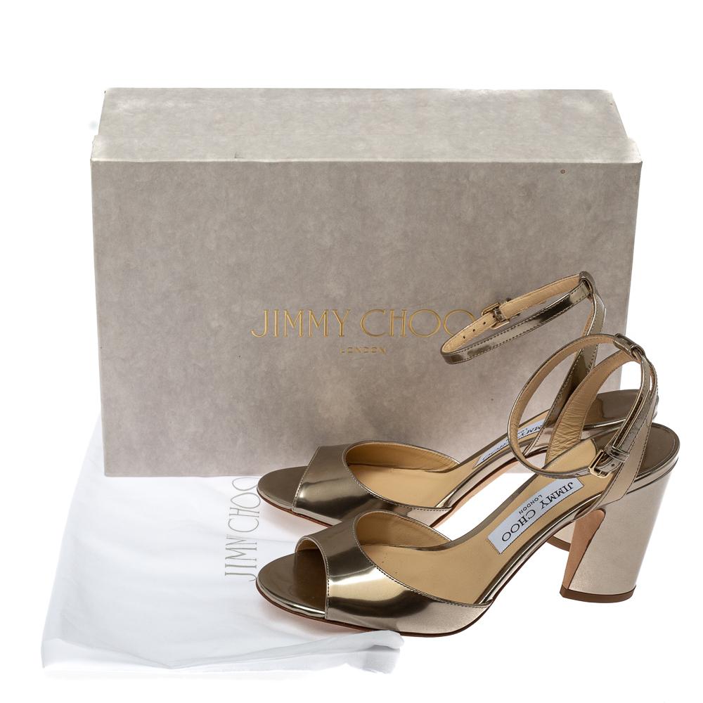 Women's Jimmy Choo Gold Leather Miranda Peep Toe Ankle Strap Sandals Size 37