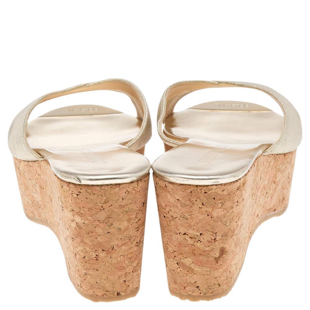 Women's Jimmy Choo Gold Leather Prima  Cork Wedge Platform Slide Sandals Size 40