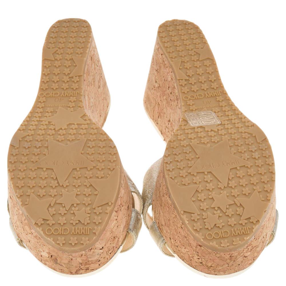 Jimmy Choo Gold Leather Prima  Cork Wedge Platform Slide Sandals Size 40 1