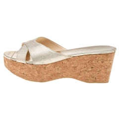 Jimmy Choo Gold Leather Prima  Cork Wedge Platform Slide Sandals Size 40