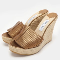 Jimmy Choo Gold Leather Wedge Espadrille Silde Sandals Size 40.5