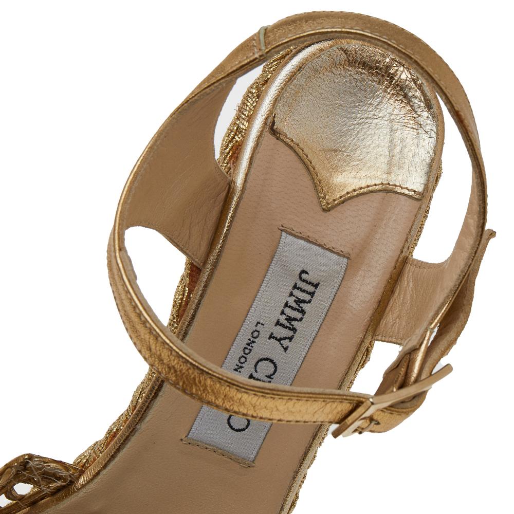 Brown Jimmy Choo Gold Leather Wedge Platform Espadrille Sandals Size 40