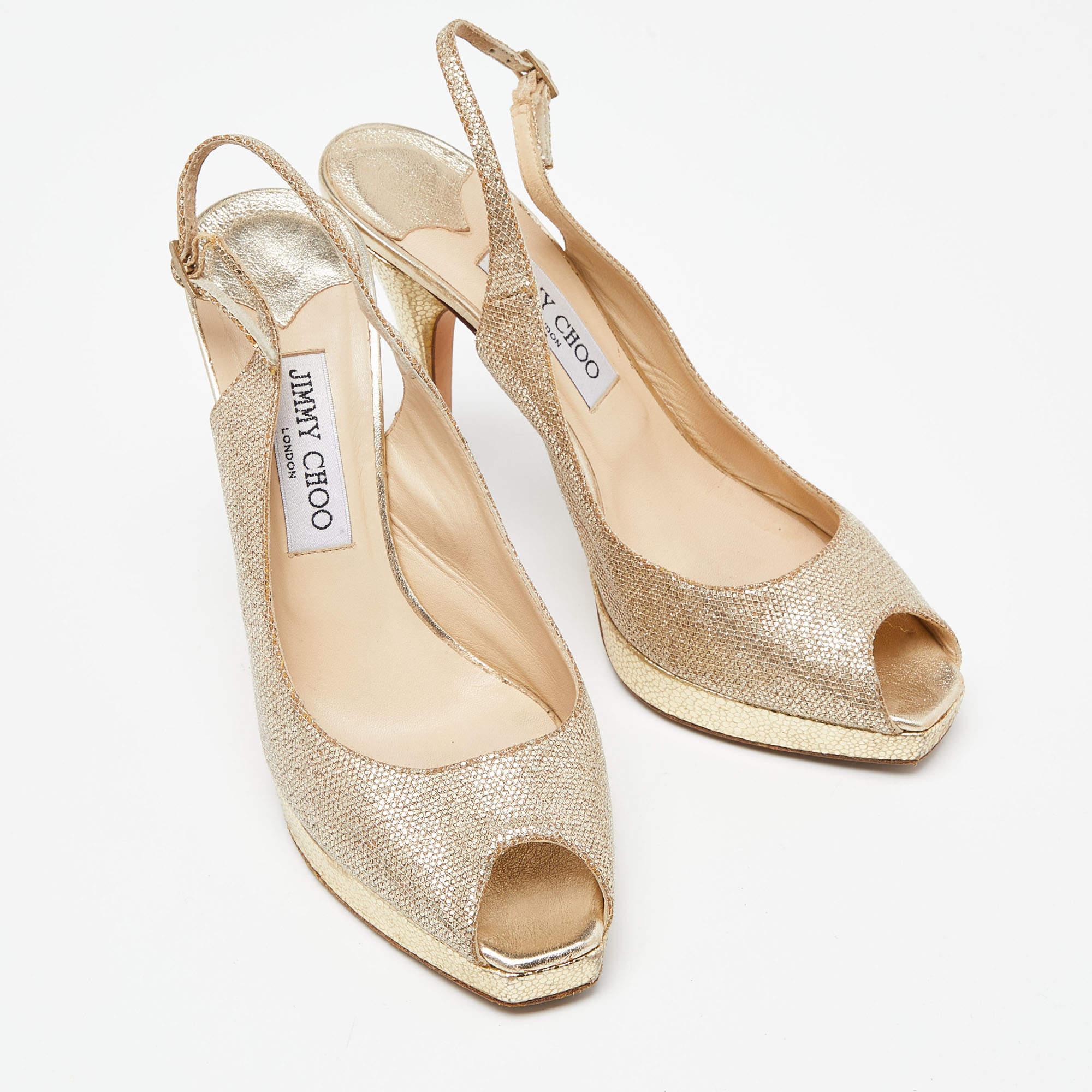 Women's Jimmy Choo Gold Lurex Fabric Glitter Verity Peep Toe Sandals Size 39