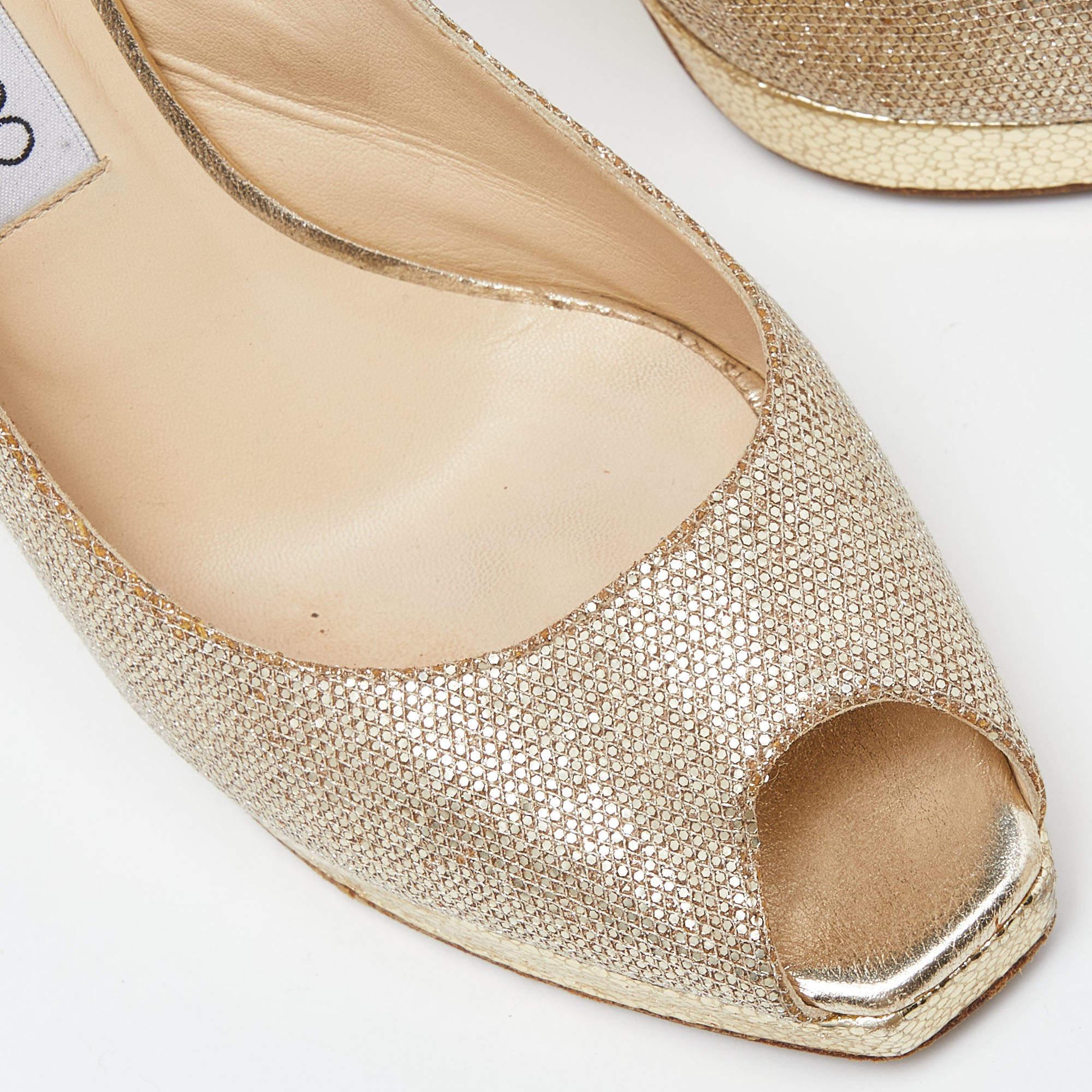Jimmy Choo Gold Lurex Fabric Glitter Verity Peep Toe Sandals Size 39 3