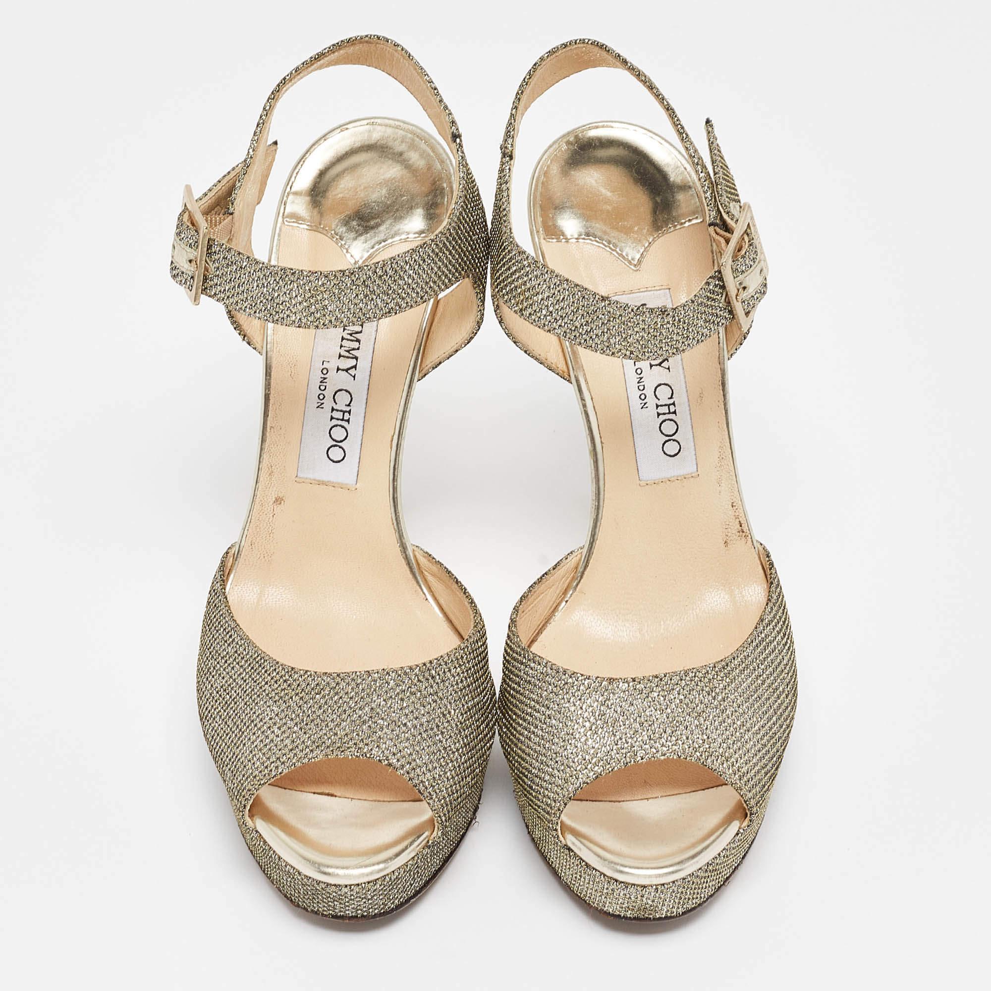 Jimmy Choo Sandalias Linda de tela de lúrex dorada Talla 39.5 Marrón