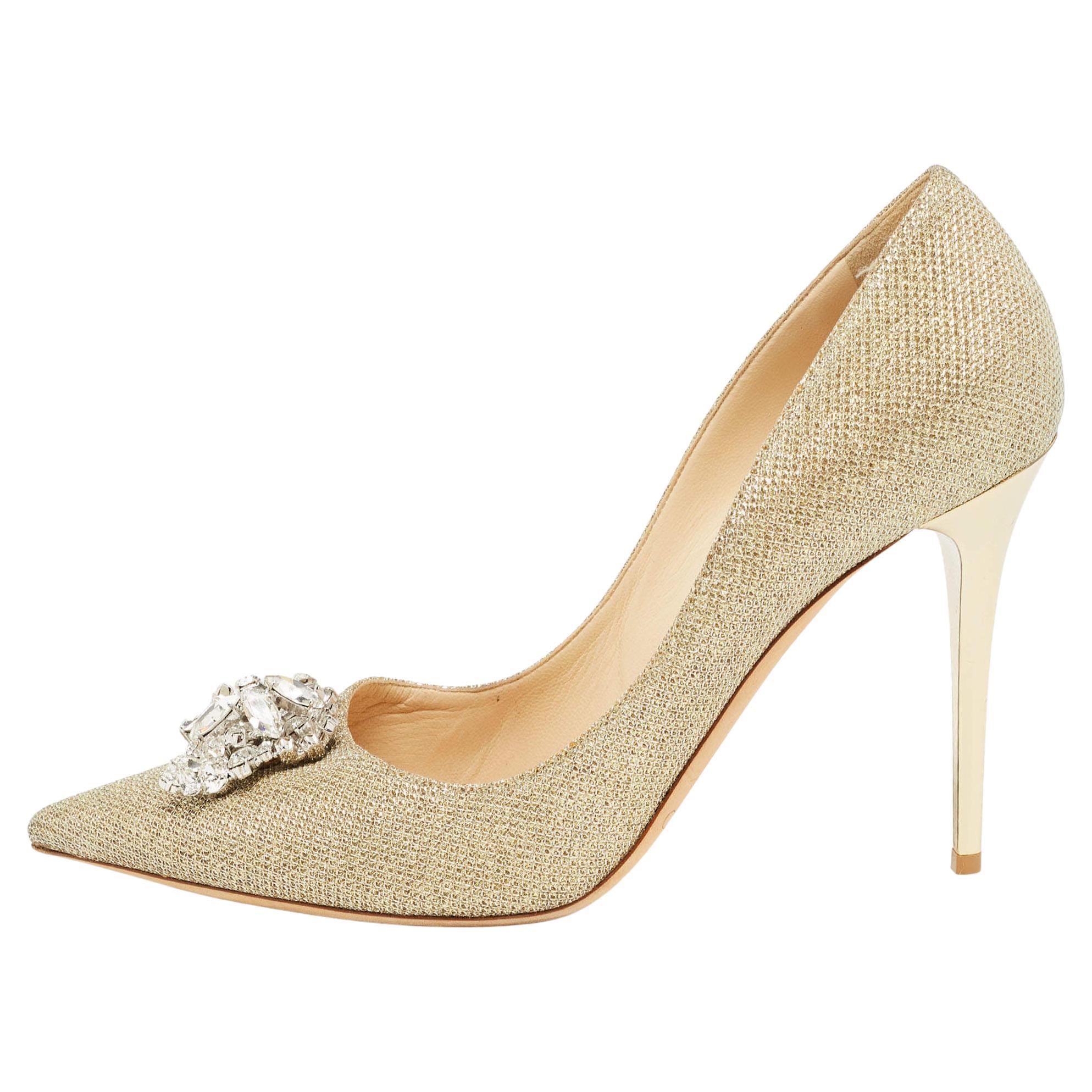 Jimmy Choo Gold Lurex Fabric Mamey Pumps Size 40 For Sale