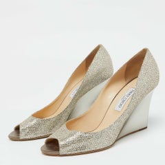 Jimmy Choo Gold Metallic Glitter Fabric Baxen Wedge Pumps Size 42