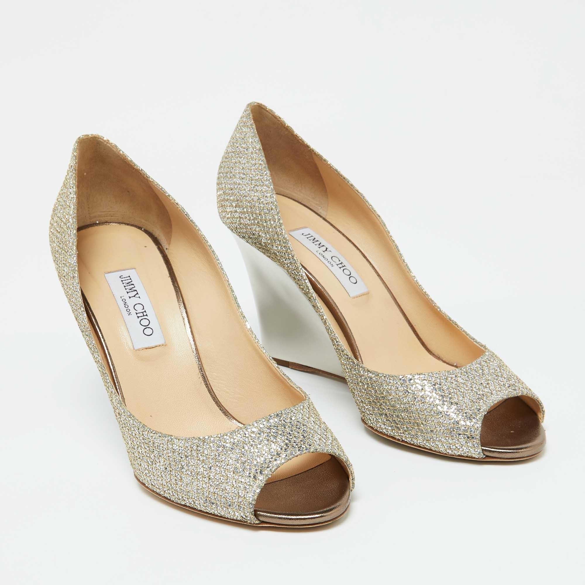 Women's Jimmy Choo Gold Metallic Glitter Fabric Baxen Wedge Pumps Size 42 For Sale
