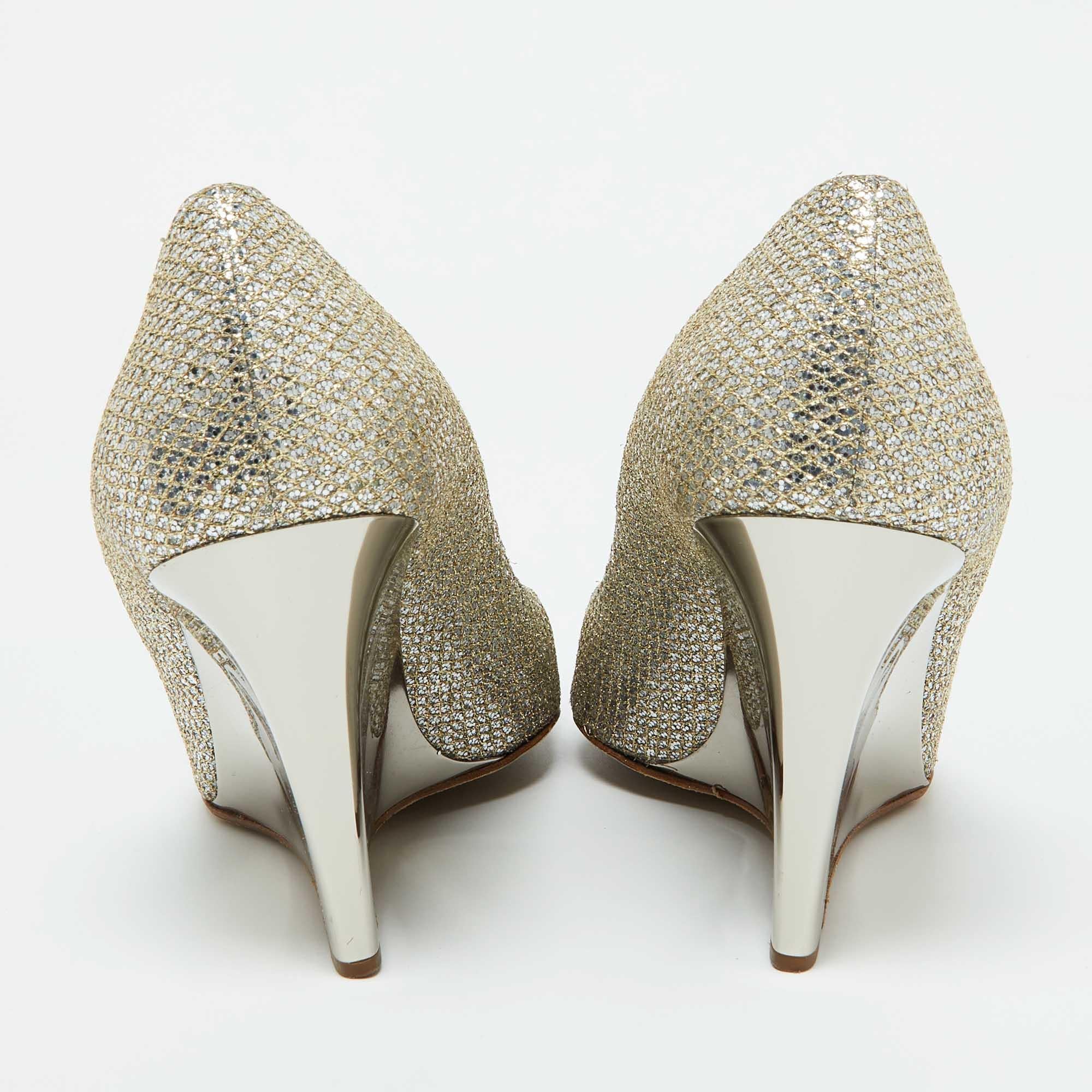 Jimmy Choo Gold Metallic Glitter Fabric Baxen Wedge Pumps Size 42 For Sale 1