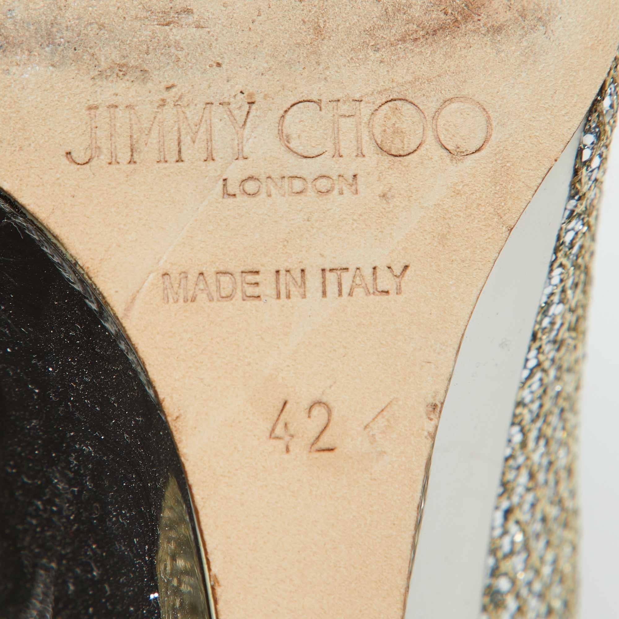 Jimmy Choo Gold Metallic Glitter Fabric Baxen Wedge Pumps Size 42 For Sale 4