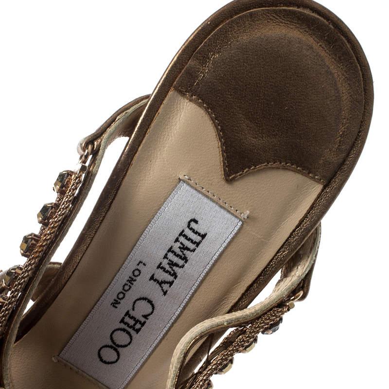 Jimmy Choo Gold Metallic Leather And Jewel Embellished Strappy Sandals Size 35 For Sale 2