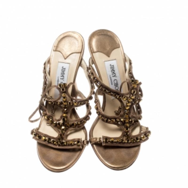 Jimmy Choo - Sandali a strappo in pelle metallizzata oro e Jewell Taglia 35 in vendita 2