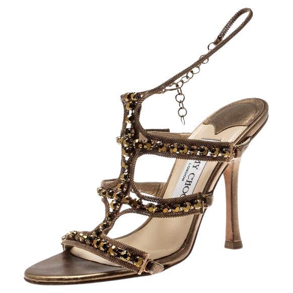 Jimmy Choo Gold Metallic Leather And Jewel Embellished Strappy Sandals Size 35 For Sale