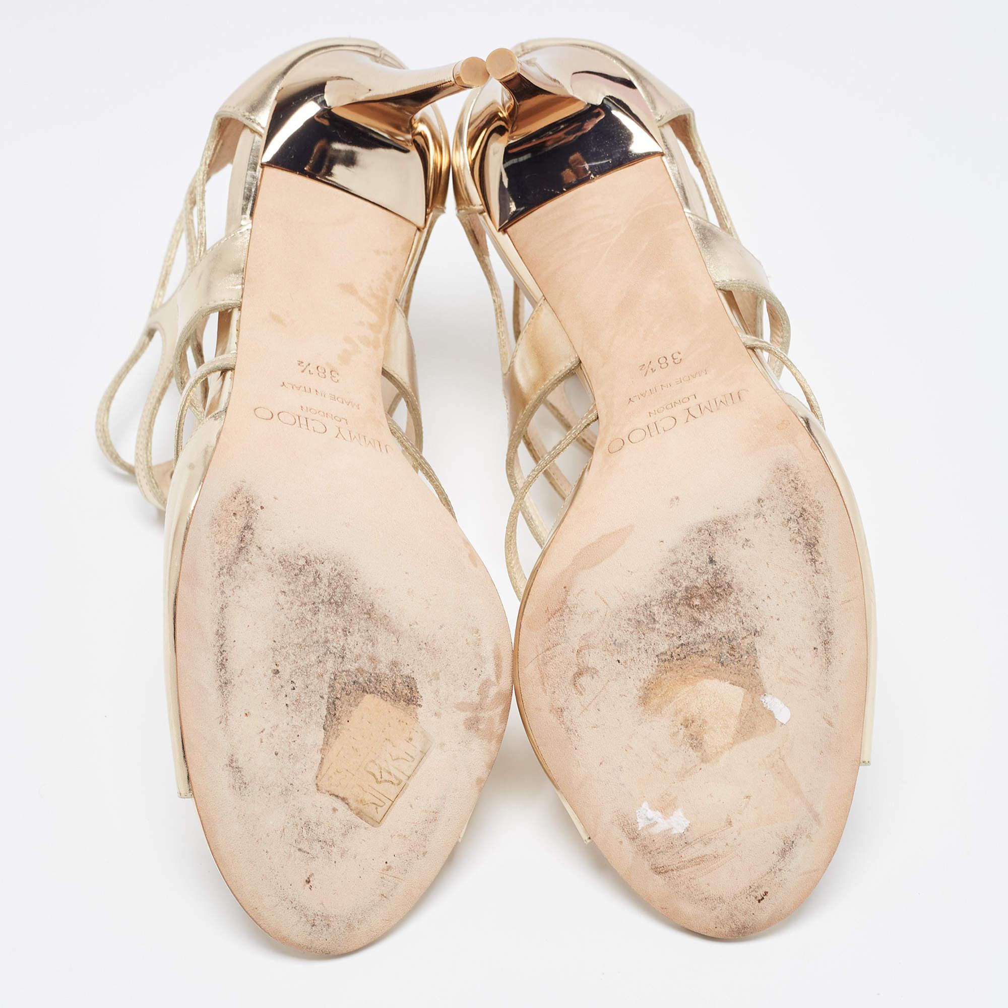 Jimmy Choo Gold Metallic Leather Ren Cut Out Peep Toe Sandals Size 38.5 4