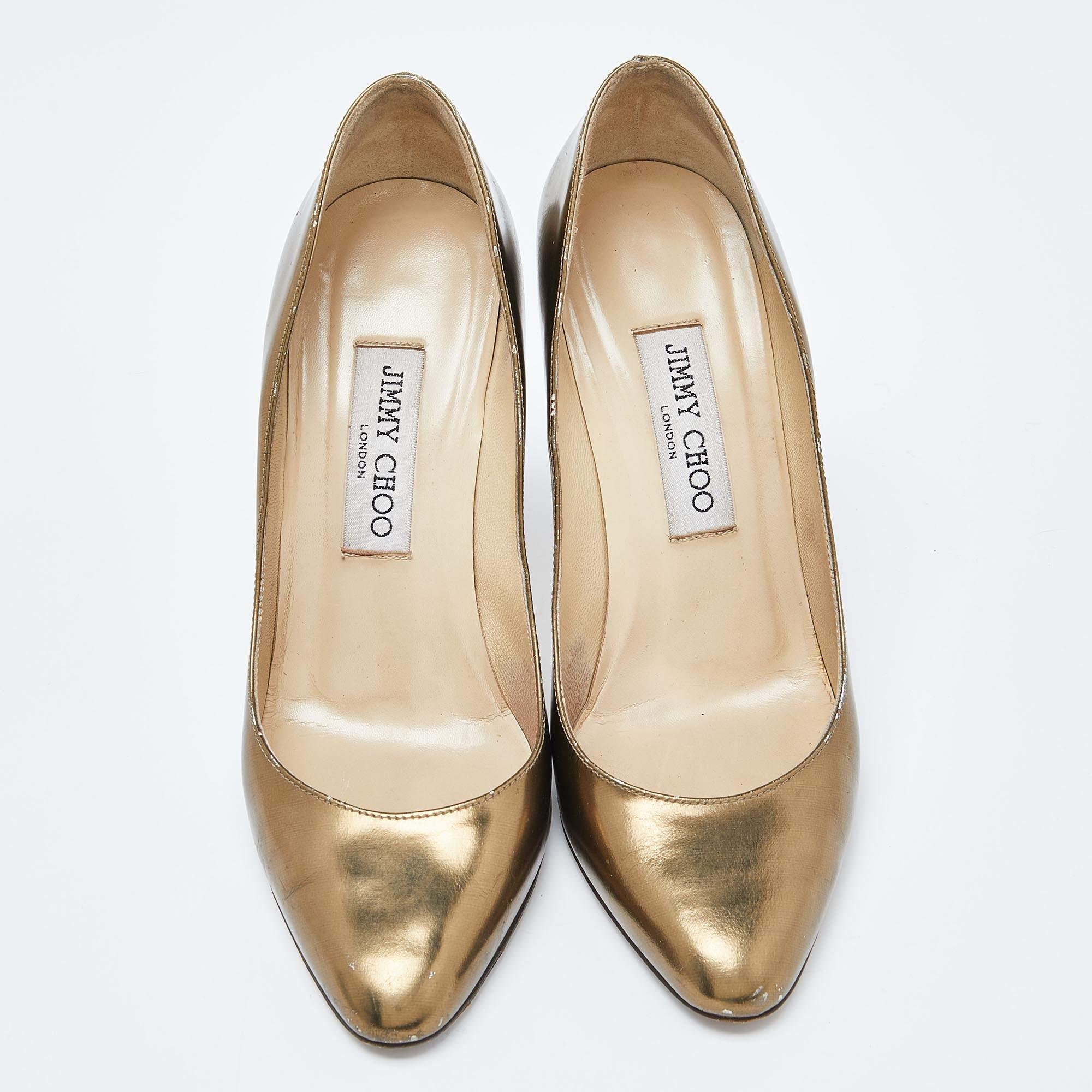 Brown Jimmy Choo Gold Patent Leather Gilbert Pumps Size 37 For Sale