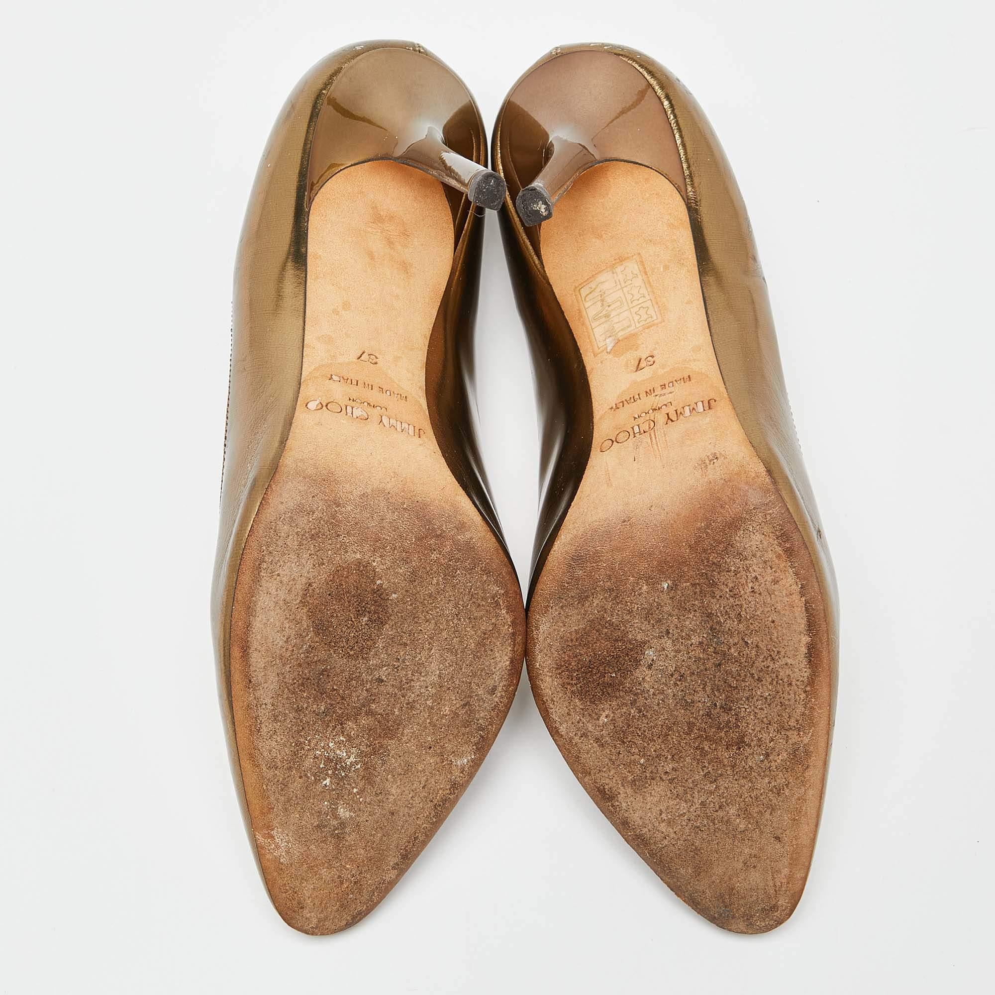Jimmy Choo Gold Patent Leather Gilbert Pumps Size 37 For Sale 1