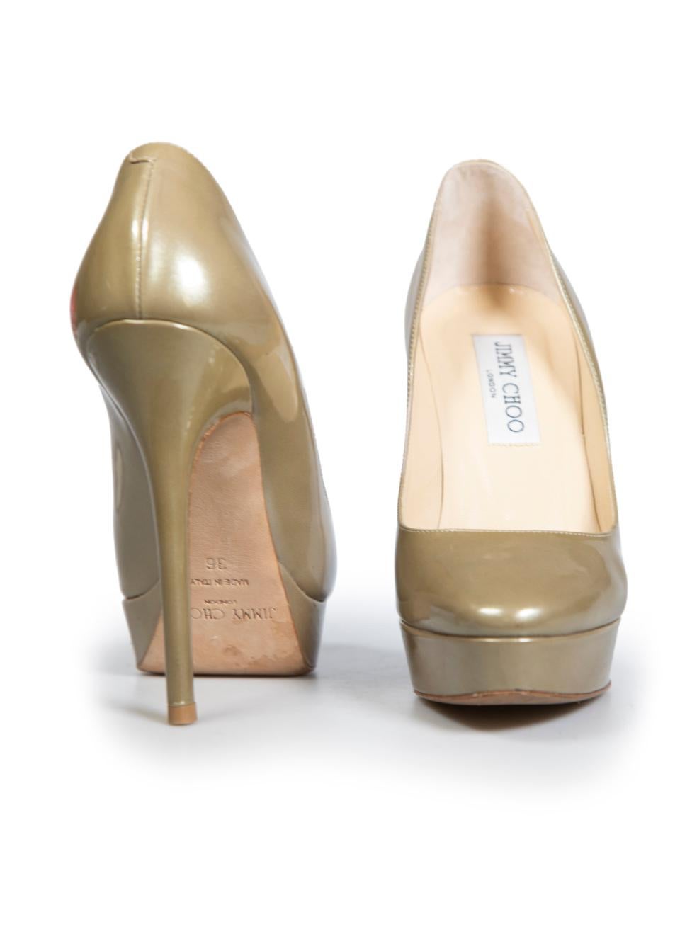 Jimmy Choo Gold Patent Leather High Platform Pumps Size IT 36 In Good Condition For Sale In London, GB