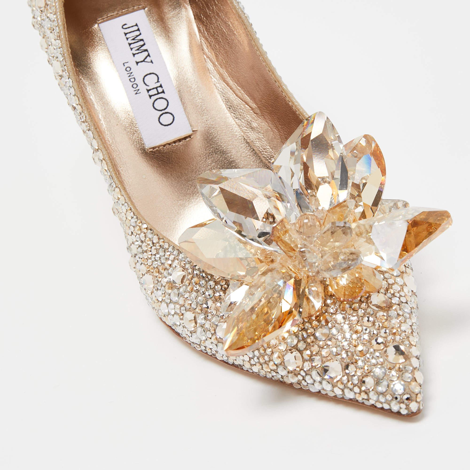 Jimmy Choo Gold Satin Alia Crystal Embellished Pointed Toe Pumps Size 38 For Sale 1