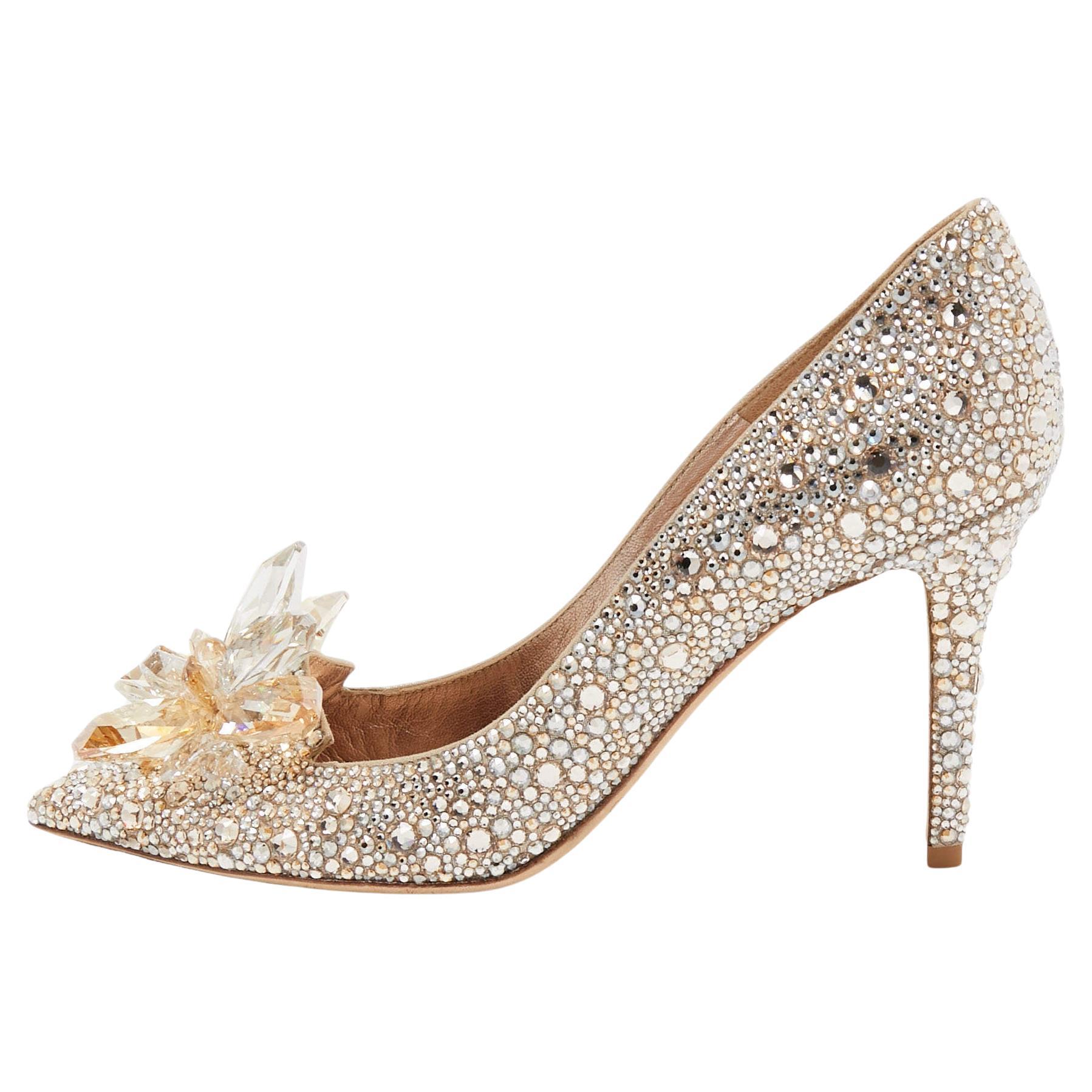 Jimmy Choo Gold Satin Alia Crystal Embellished Pointed Toe Pumps Size 38 For Sale