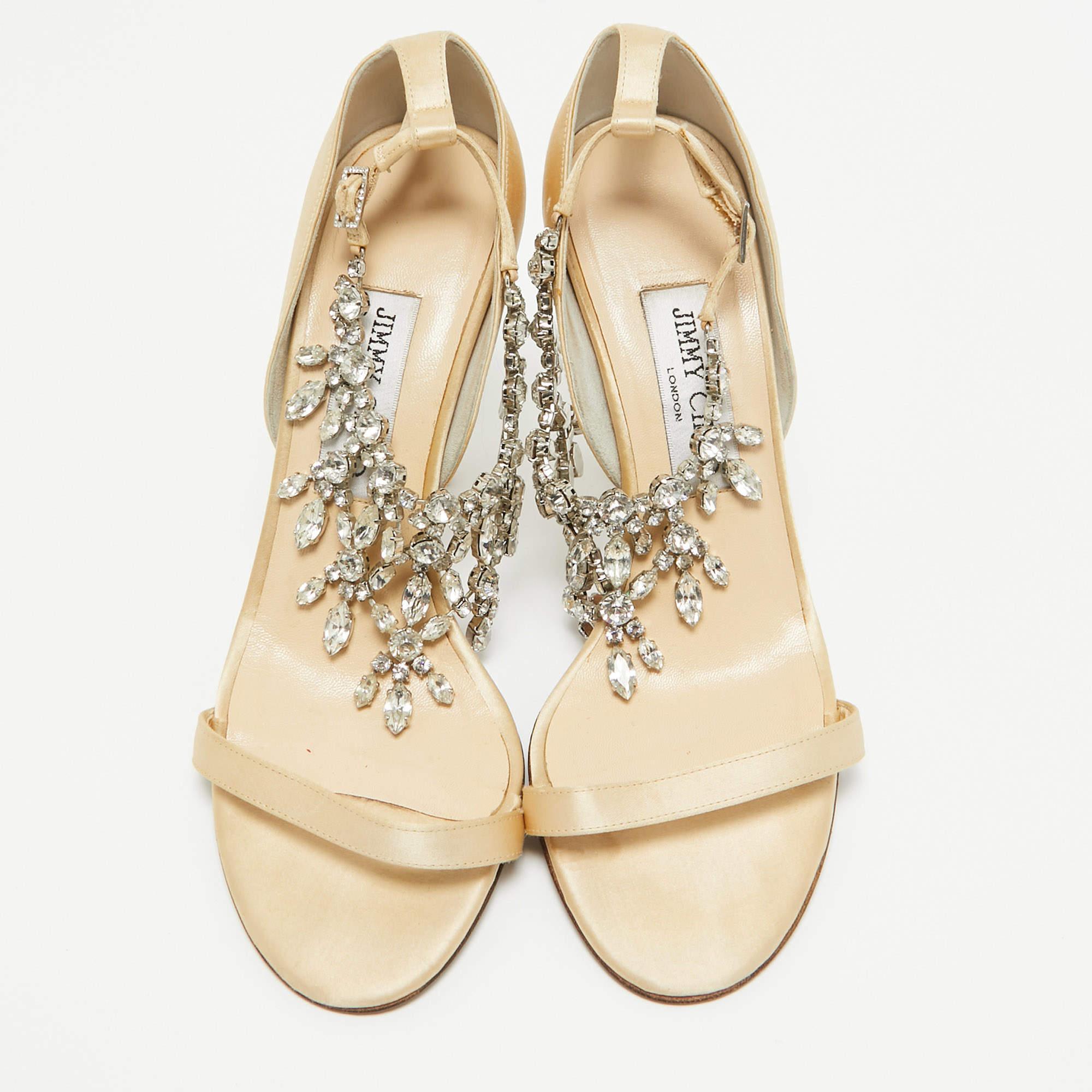 Jimmy Choo Gold Satin Crystal Embellished Ankle Strap Sandals Size 38 In Good Condition In Dubai, Al Qouz 2