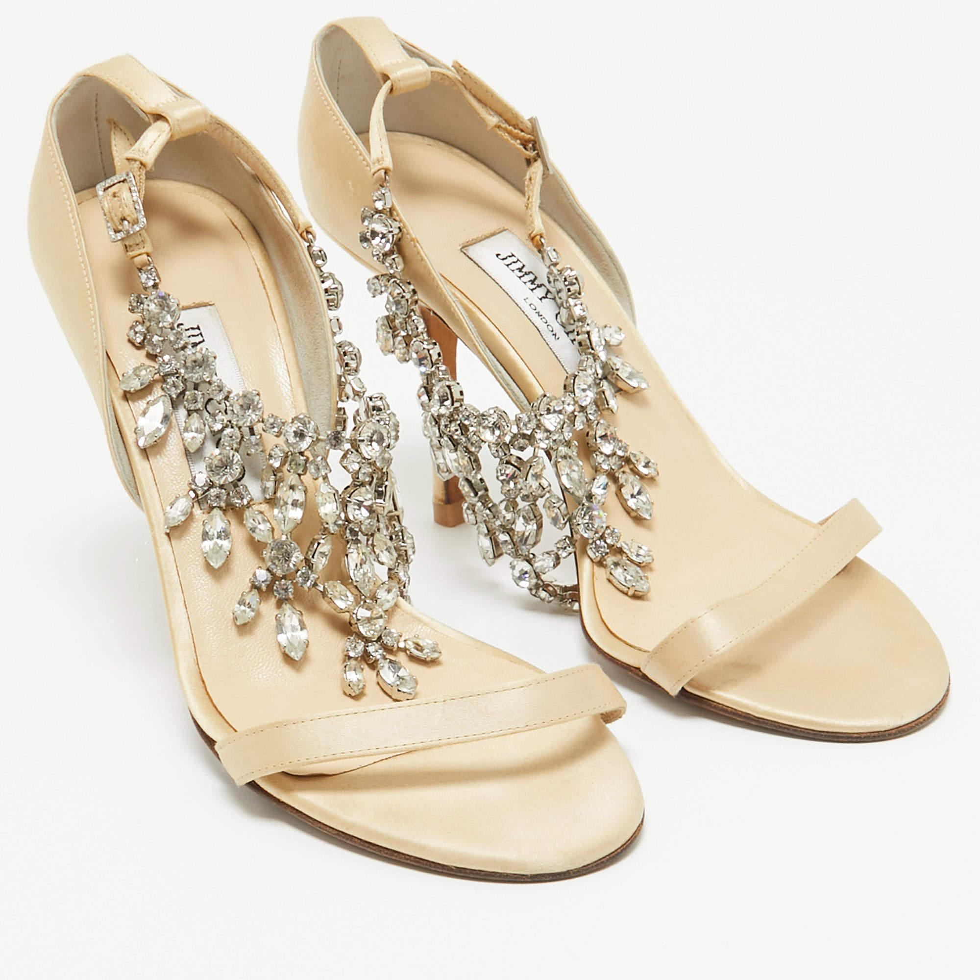 Women's Jimmy Choo Gold Satin Crystal Embellished Ankle Strap Sandals Size 38