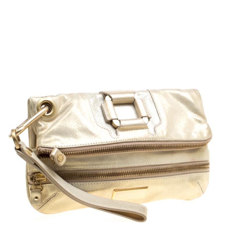 Women's Jimmy Choo Gold Shimmering Leather Mave Foldover Clutch