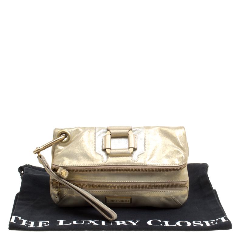 Jimmy Choo Gold Shimmering Leather Mave Foldover Clutch 5