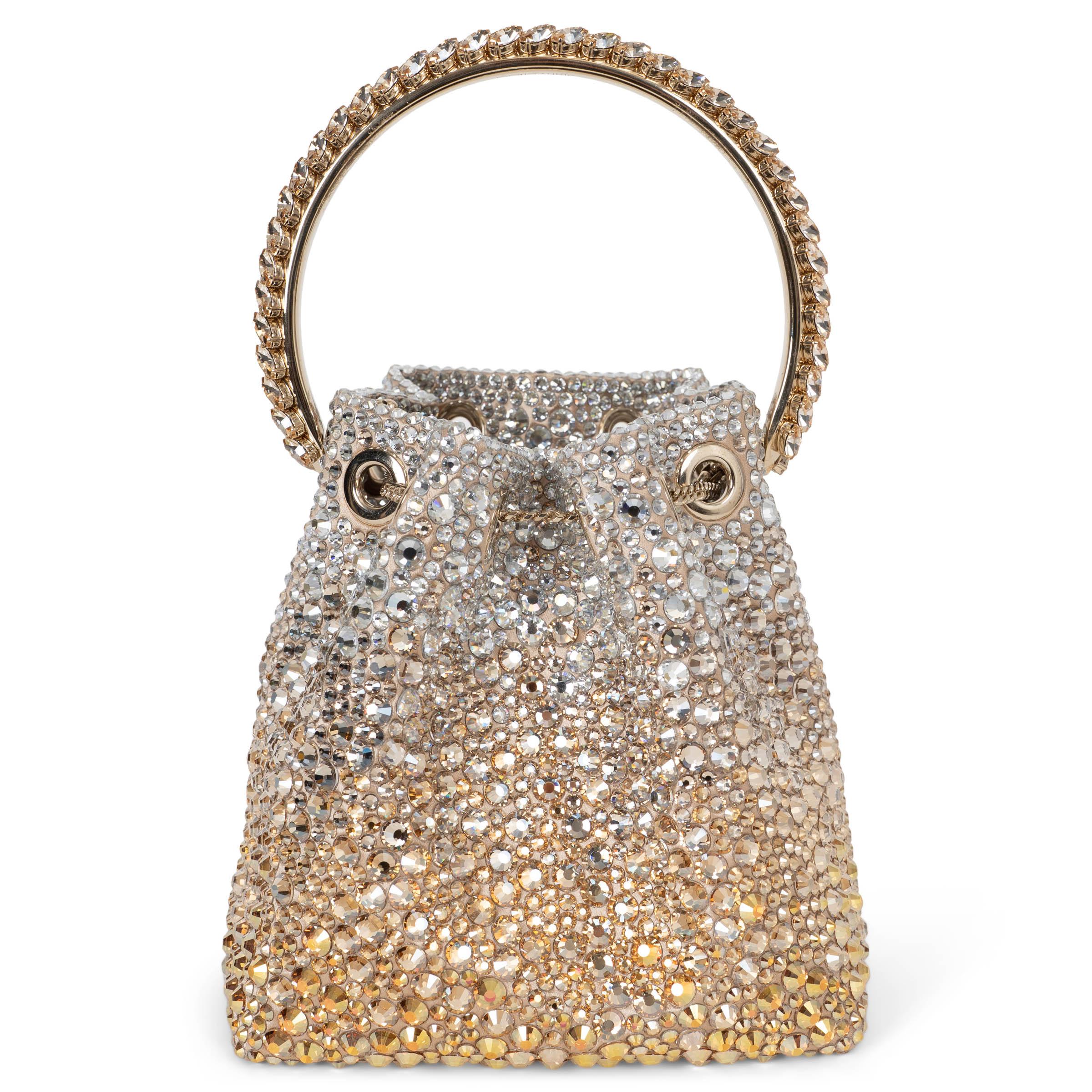 Marrone Borsa a secchiello BON BON CRYSTAL SATIN oro e argento di Jimmy Choo in vendita