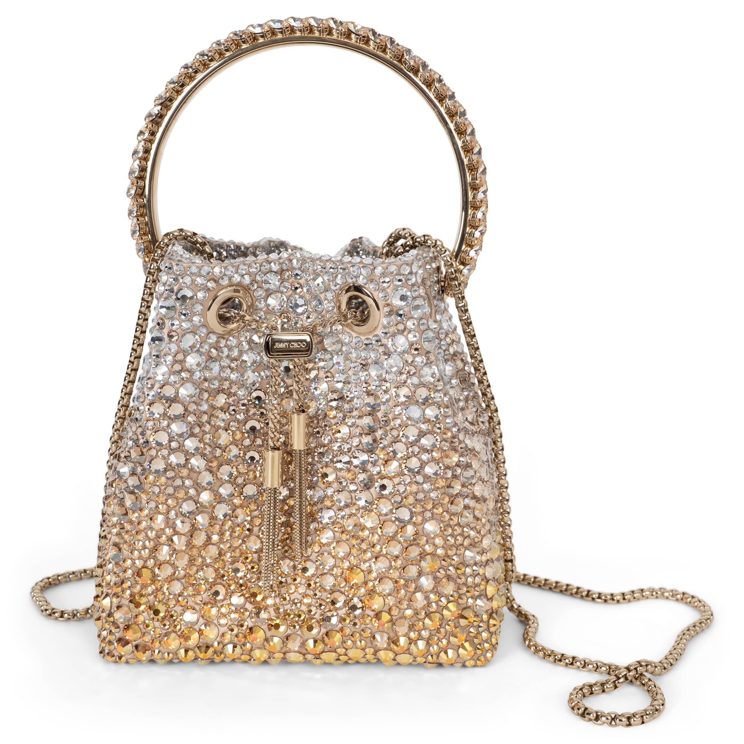 Borsa a secchiello BON BON CRYSTAL SATIN oro e argento di Jimmy Choo in vendita 1