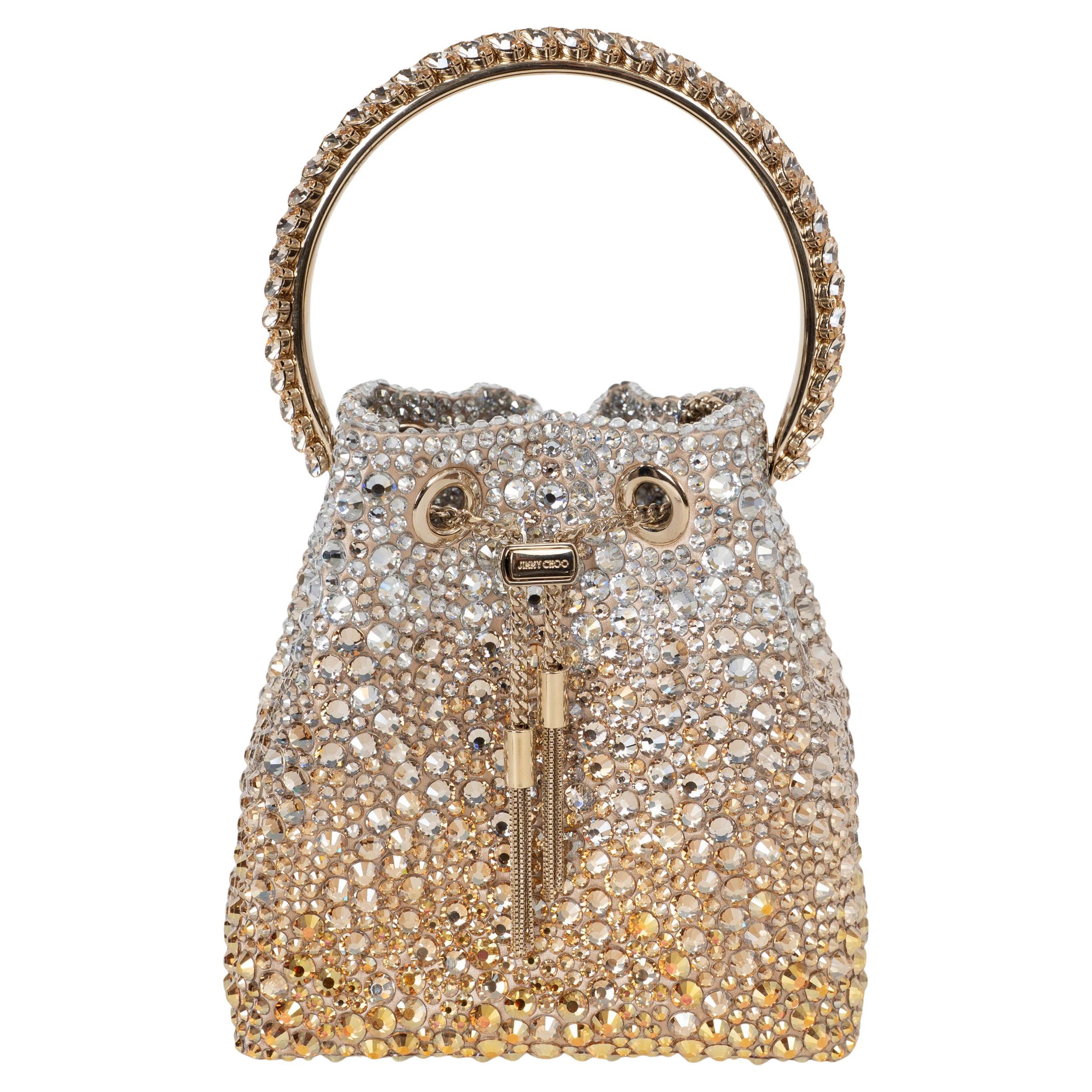 Borsa a secchiello BON BON CRYSTAL SATIN oro e argento di Jimmy Choo in vendita